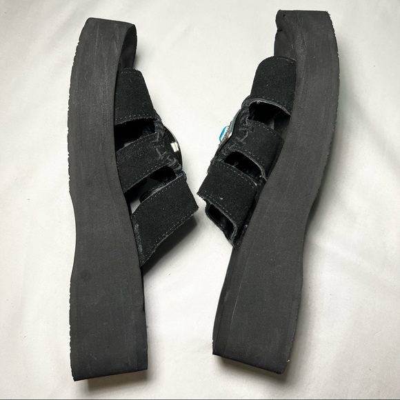 Yellow Box Black Suede Platform Slip-On Sandals with Turquoise and Silver Accent - Picture 6 of 12